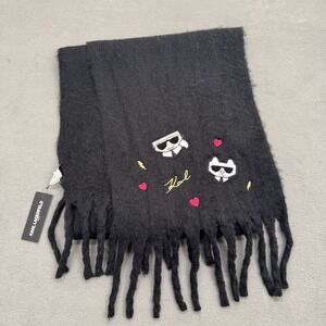 Karl Lagerfeld Paris Thick Fringe Scarf One Size Embroidered Karl Head Cat Heart